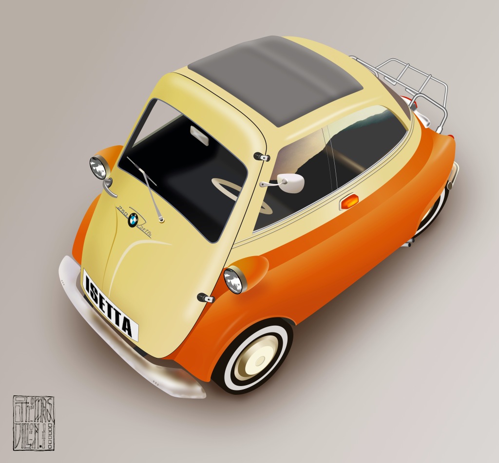 Orange and primrose yellow Bmw Isetta. This is a model. But with plastic mirror, windscreen wiper and door handle missing and the luggage rack at the back bent and twisted, I finished it by refering to photos of a real isetta.